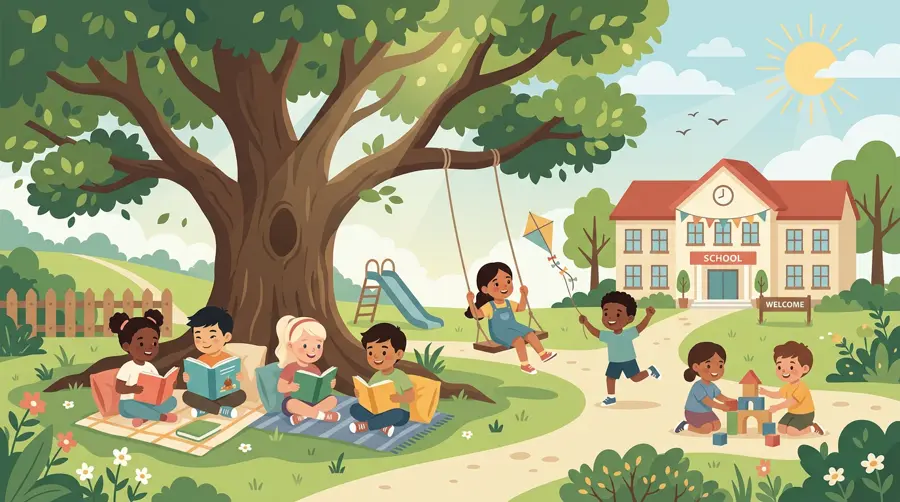 Illustration of children reading and playing outside Early Days School